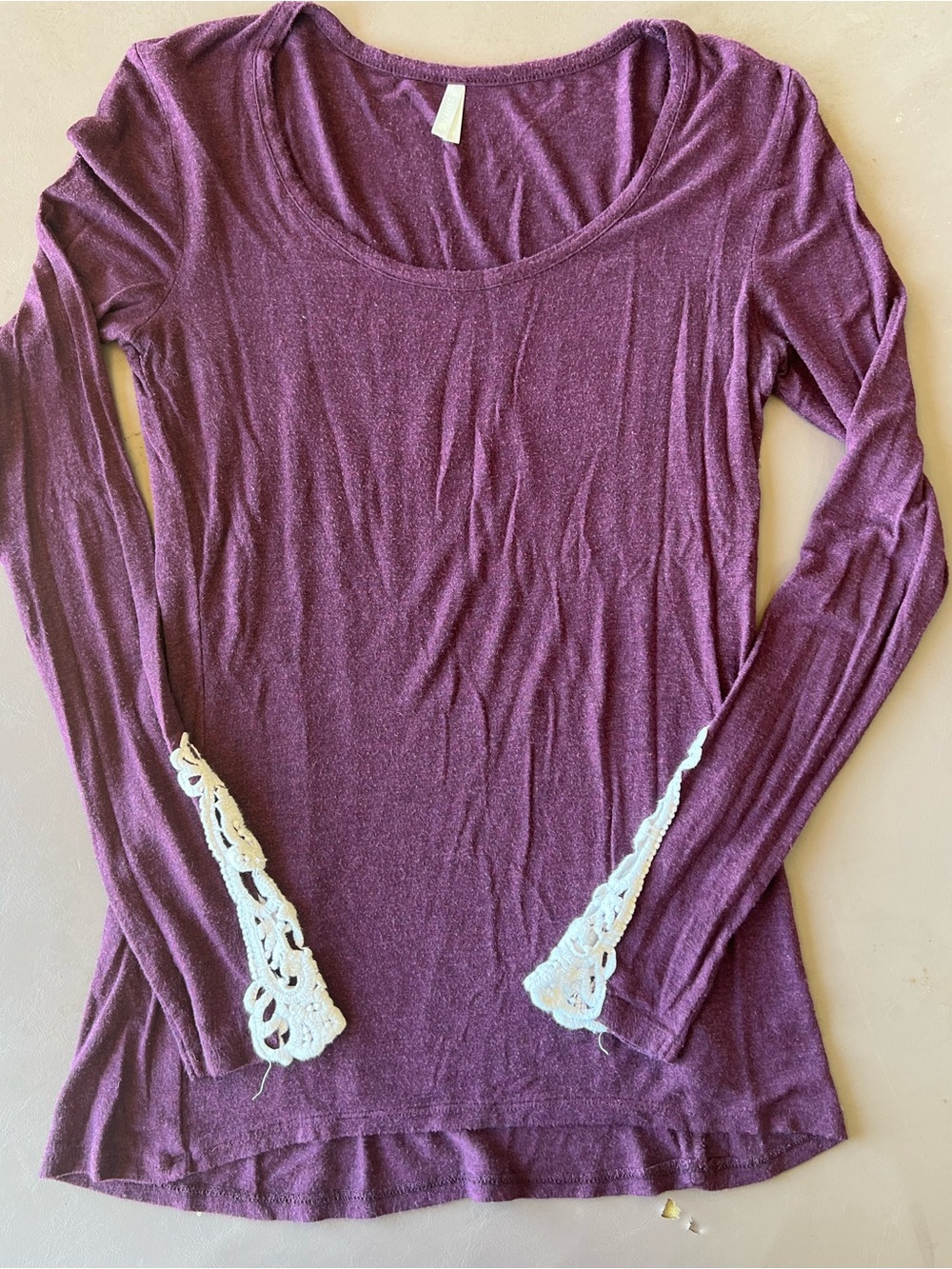 Maurices Plum Long Sleeve Scoop Neck Top with White Lace Cuffs